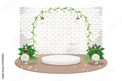 Outdoor wedding stage with floral arch, lights, and podium