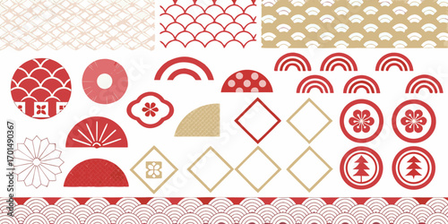 Collection of japanese inspired graphic design elements and patterns in red and gold