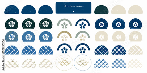Collection of japanese traditional patterns and motifs in semicircular and rectangular shapes with floral and geometric designs