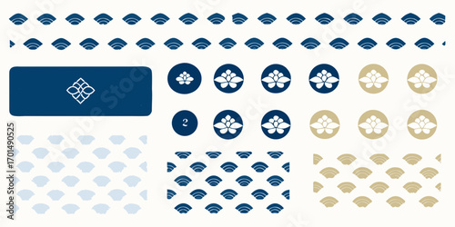 Collection of japanese inspired floral and geometric patterns and icons in blue and gold