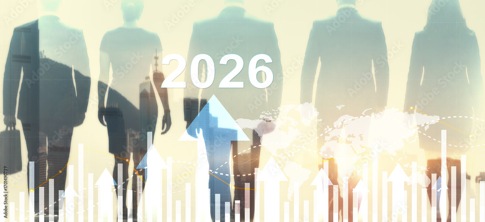 Fototapeta premium Business growth concept with office worker silhouettes against abstract rising arrows and 2026 year