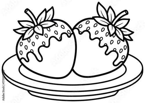 Strawberry dessert illustration with two chocolate dipped berries on a plate created in clean black and white vector line art style for educational projects, coloring pages