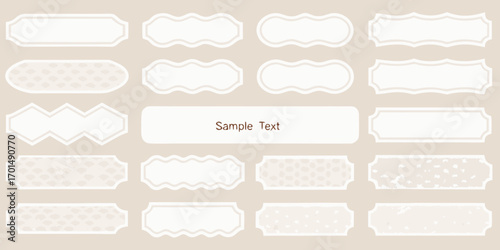 Collection of decorative white frames and labels with subtle patterns on a beige background