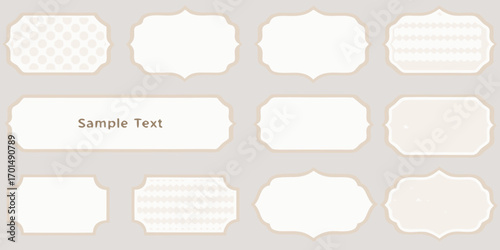 Collection of decorative blank frames and labels with subtle patterns and sample text on a neutral background