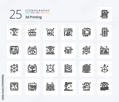 3d Printing 25 Line icon pack including smartphone. mobile. folder. 3d. preview
