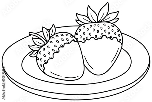 Strawberry dessert illustration with two chocolate dipped fruits on plate created in a clean black and white vector line art style suitable for educational materials, coloring pages