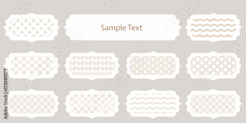 Collection of decorative vintage style labels and frames with subtle patterns and sample text