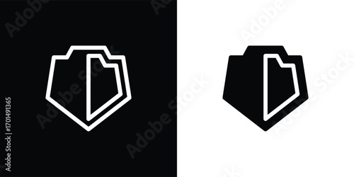 A modern shield-shaped vector illustration icon with a minimalist geometric style. This design features a symmetrical shape resembling a flower or abstract symbol, available in both solid and outline 