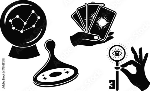 Mystical fortune telling symbols including crystal ball, tarot cards, and key of insight