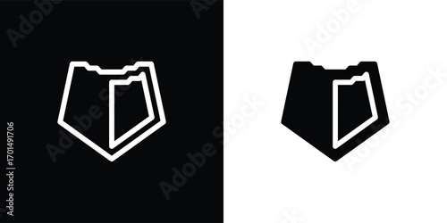 A modern shield-shaped vector illustration icon with a minimalist geometric style. This design features a symmetrical shape resembling a flower or abstract symbol, available in both solid and outline 