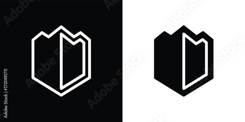 A modern shield-shaped vector illustration icon with a minimalist geometric style. This design features a symmetrical shape resembling a flower or abstract symbol, available in both solid and outline 