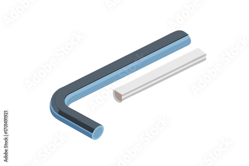 An lshaped dark blue hex key and a white rectangular object