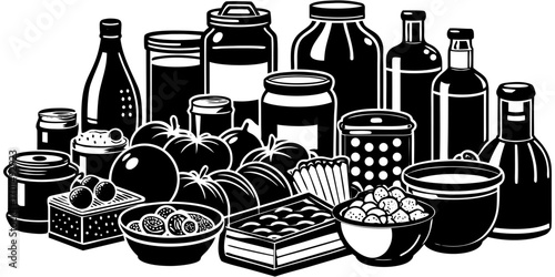 A high-resolution, realistic image of a large assortment of grocery store food items neatly arranged on a white reflective surface. The scene includes various packaged goods such as breakfast cereals,