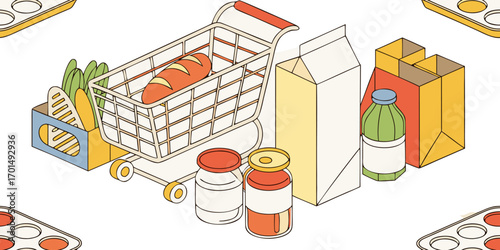 A high-resolution, realistic image of a large assortment of grocery store food items neatly arranged on a white reflective surface. The scene includes various packaged goods such as breakfast cereals,