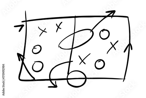 Hand drawn soccer strategy board with arrows and xs and os