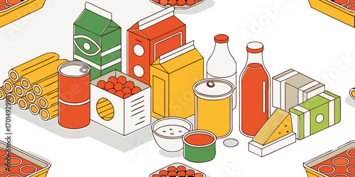 A high-resolution, realistic image of a large assortment of grocery store food items neatly arranged on a white reflective surface. The scene includes various packaged goods such as breakfast cereals,