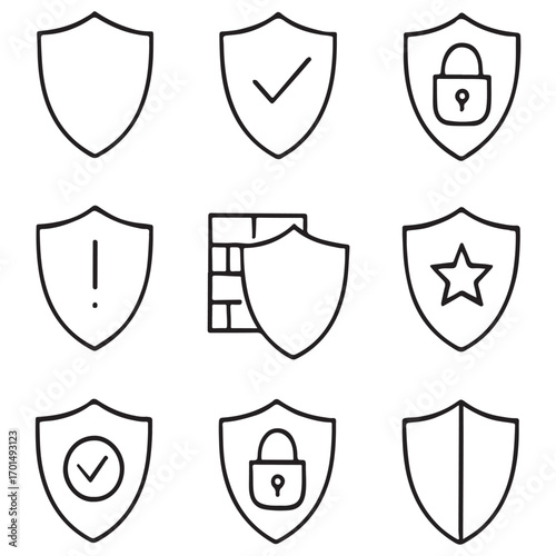 line art Shield icon. Featuring protection, guard, safety, security, firewall, safe, defense vector