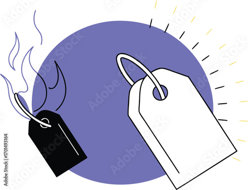 Burned Price Tag with Half Intact Black Paper and Half Charring Edge Glowing with Embers and Smoke in Photorealistic Dramatic Lighting on White Background, Vector Illustration
