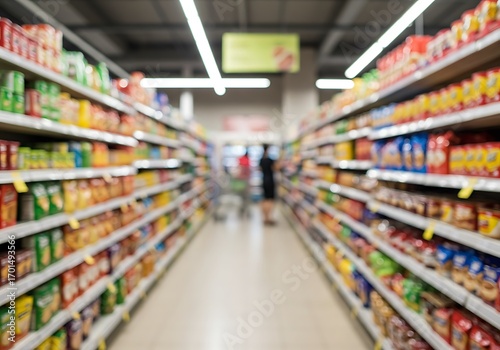 A blurred, bokeh shot of a supermarket aisle with shelves full of consumer products
