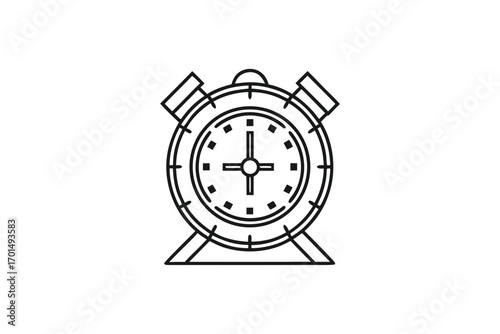 Alarm Clock Icon, Retro Style, Black Line Art on White Background, Timepiece