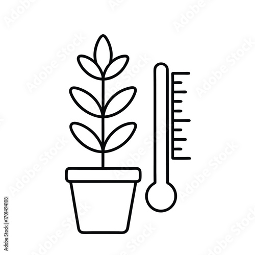 Minimalist Line Art of Potted Plant with Thermometer – Black and White Illustration Representing Temperature and Growth
