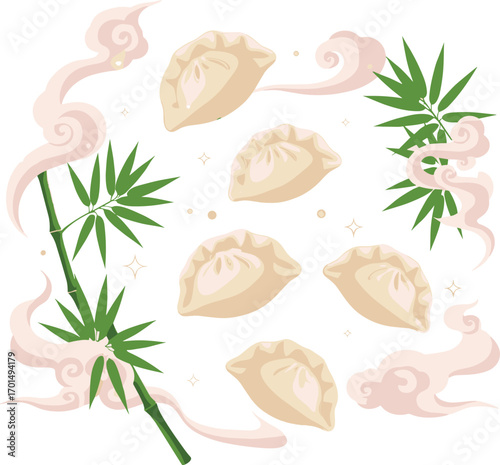 Fantasy Dumplings Illustration with Floating Steam Clouds