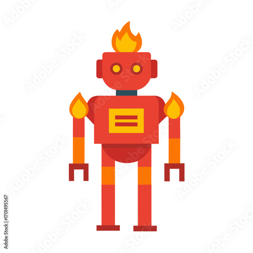 Fiery red robot with flames on head and arms