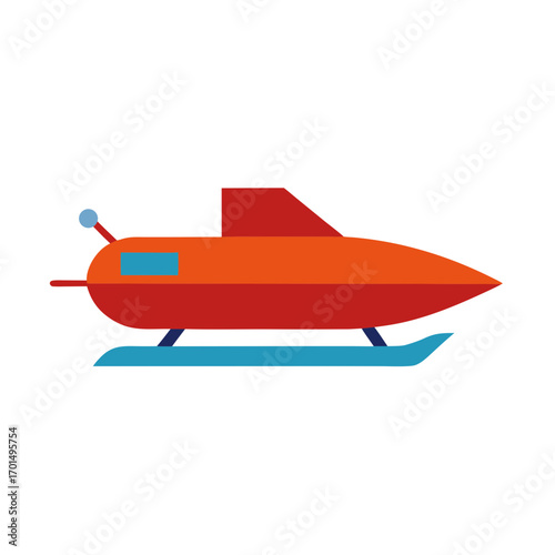 Futuristic orange and red submarine with blue skis on transparent background
