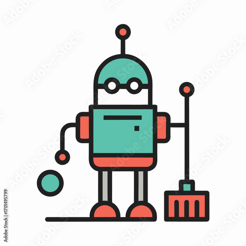 Friendly robot character holding a broom and a ball