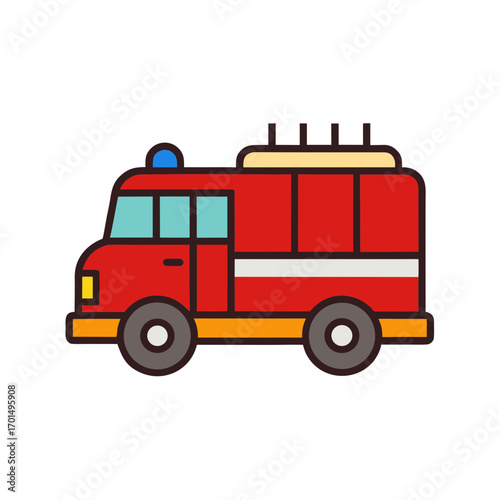 Simple red fire truck icon with blue light and white stripe