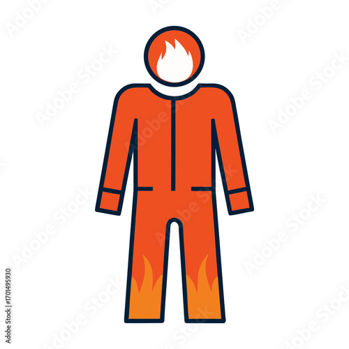 Stylized figure in orange protective suit with flames