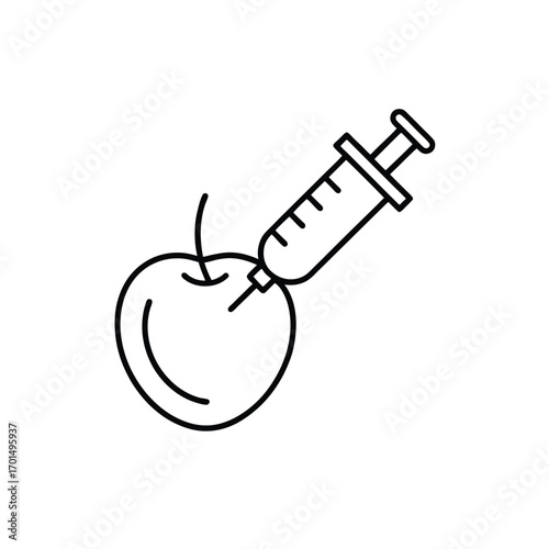 Minimalist Line Art of Syringe Injecting Cherry – Black and White Conceptual Illustration on Food Modification and Biotechnology