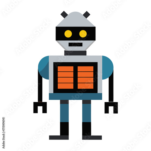 Retro style cartoon robot with orange chest panels and yellow eyes