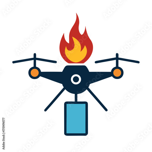 Drone on fire with a package attached representing a dangerous delivery