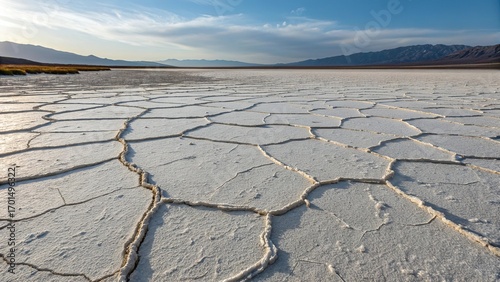 Dried salt crust showcases unique patterns on a vast lake bed under a serene sky in an arid landscape