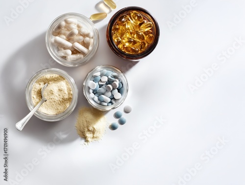 Flat lay of assorted capsules, softgels, protein powder and colorful tablets in glass jars on clean white background
