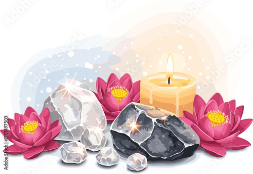 Fantasy Style Vector of Rock Salt Crystals with Candle and Flowers