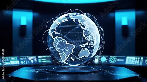 Futuristic holographic globe displaying global network connections in a high-tech control room with multiple data screens.