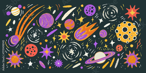 Vibrant hand drawn space illustration with planets stars comets and galaxies on dark background