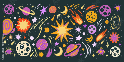 Whimsical hand drawn space elements featuring planets stars comets and moons in a dark universe