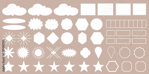 Collection of various white graphic design elements and shapes on a muted brown background