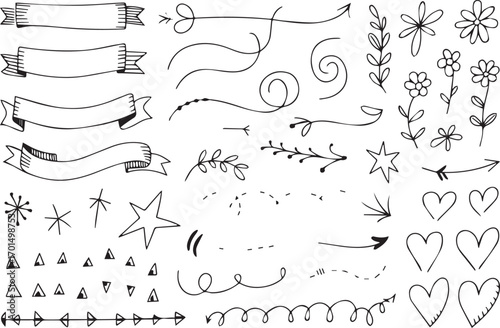 hand drawn doodle design elements vector pack banners arrows swirls hearts stars