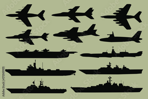 military aircraft and naval ship silhouettes vector set perfect for defense aviation and maritime design projects