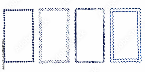 Collection of four unique hand drawn decorative rectangular frames with dark blue borders on a white background