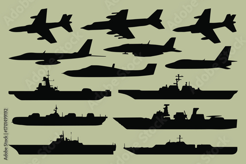 Foto vector illustration of fighter bomber transport aircraft and battleship destroye