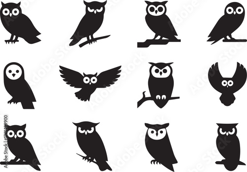 set of 12 black owl silhouettes in unique poses minimal vector illustration for design templates and wildlife projects