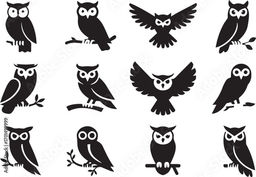 twelve black owl vector silhouettes in different poses minimalistic abstract bird illustrations for design assets
