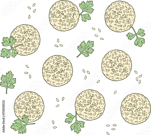 Minimal Line Art Falafel Balls with Herbs