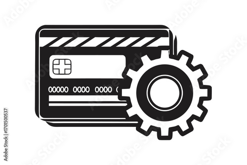 Black Credit Card Gear Icon, Banking Mechanism Concept on White Background