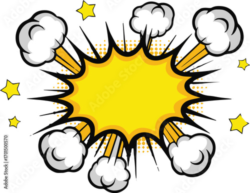 comic sound effect burst vector art illustration with halftone dots starburst shape for promotional materials